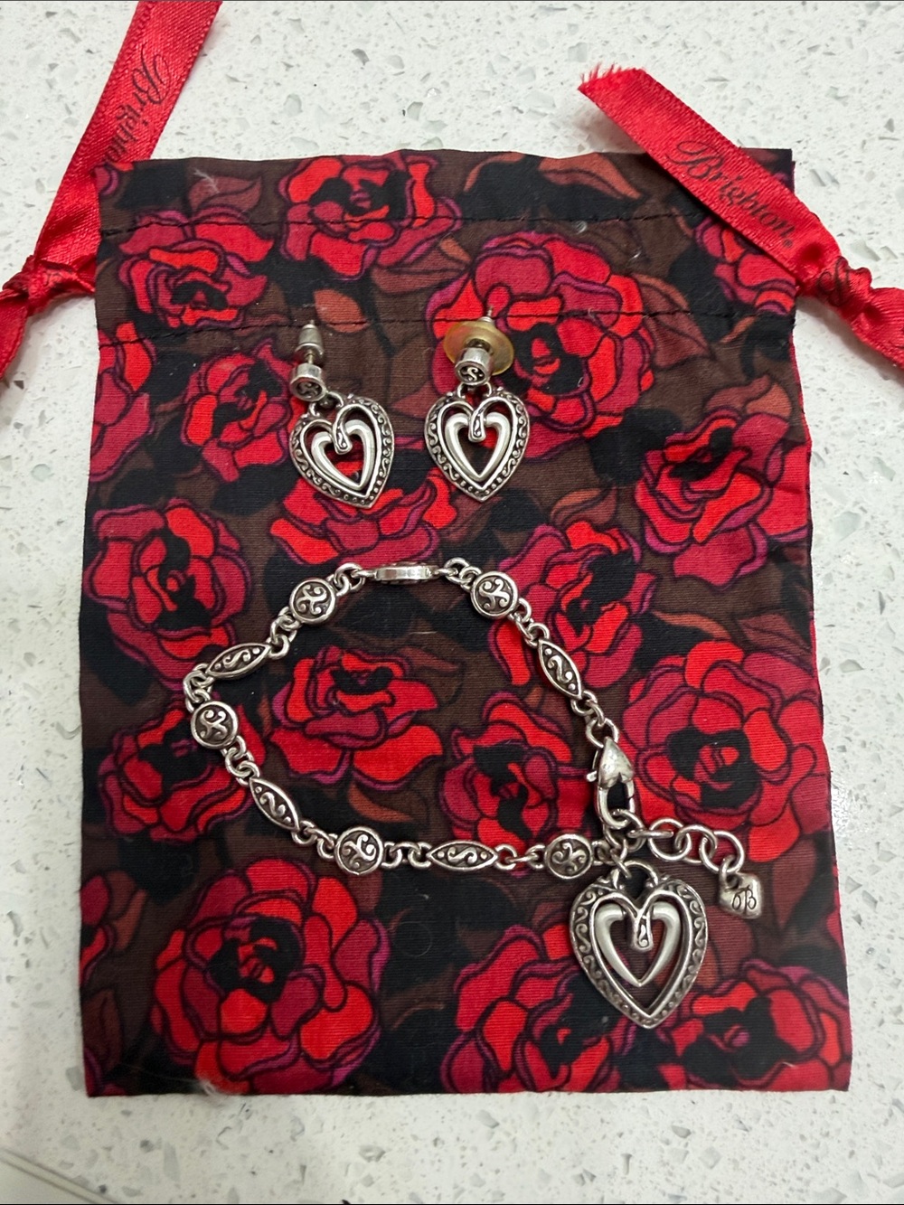 Brighton Silver Heart Charm Bracelet and Earrings Set
